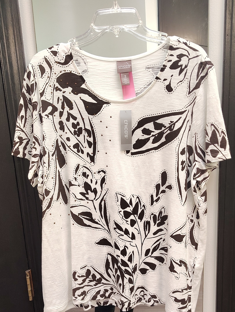 Chico's White Short-Sleeve Tee with Black Floral Print